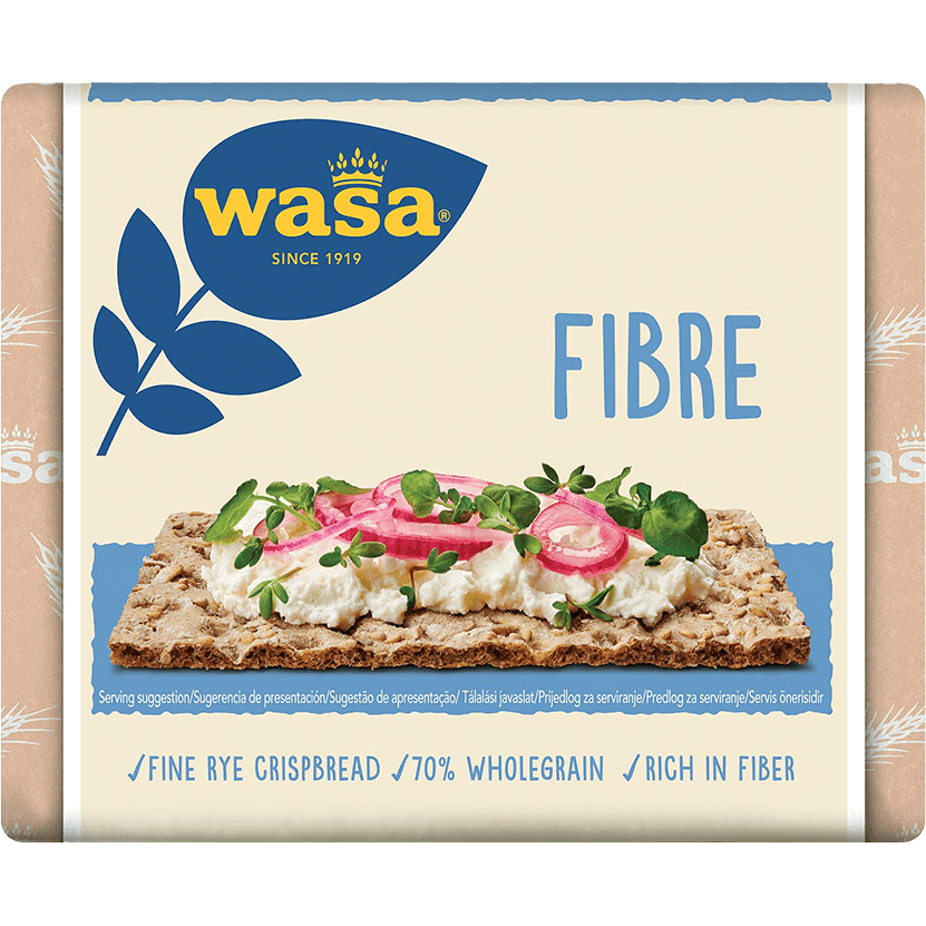 Wasa Fibre confectionery snack package with colorful branding and visuals of the snack on the front.