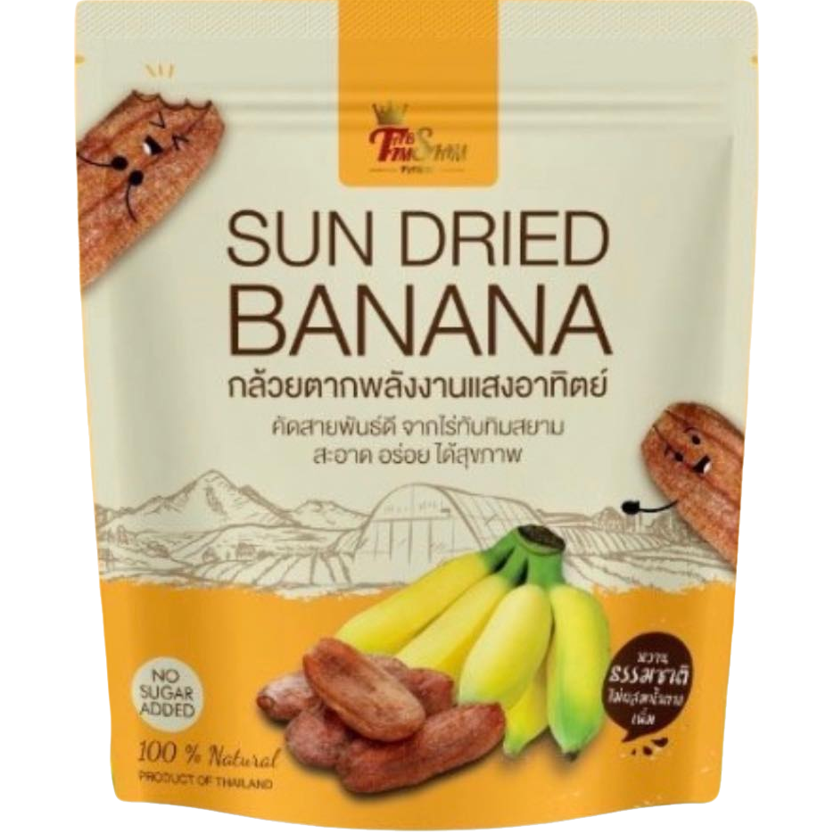 Tabtimsiam Sun Dried Banana confectionery snack in a clear bag showing golden dried bananas inside.
