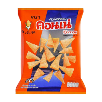 Cornae Corn Snack, a crunchy confectionery snack with golden corn pieces, in a colorful packaging.