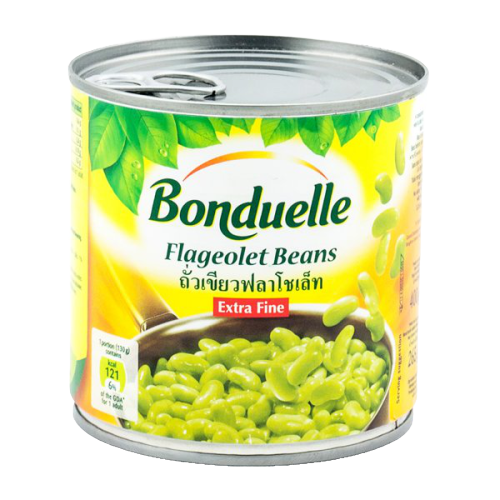 Canned Bonduelle green flageolet beans in a white can, ready for cooking or serving in a grocery setting.
