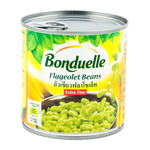 Canned Bonduelle green flageolet beans in a white can, ready for cooking or serving in a grocery setting.