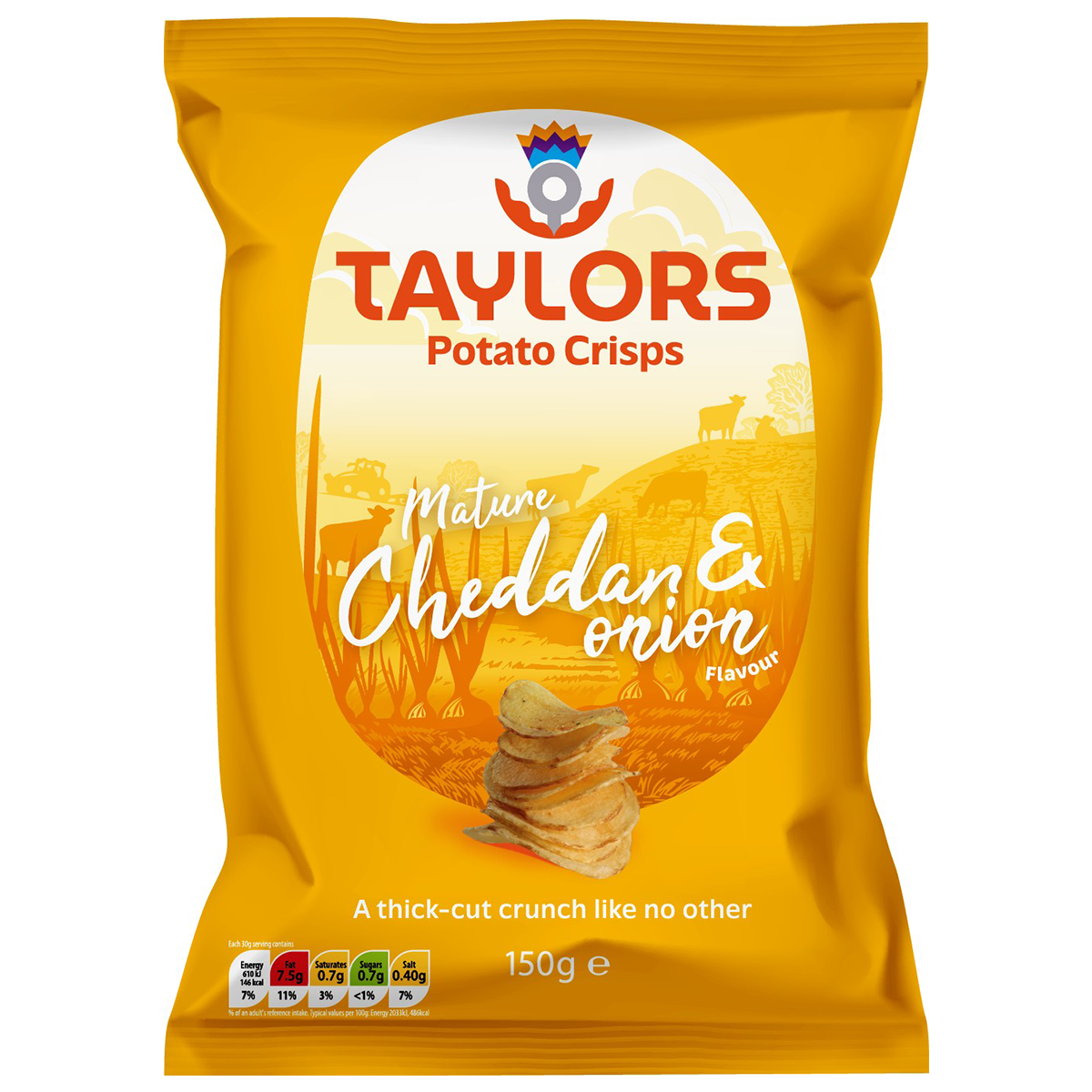 Taylors Mature Cheddar & Onion Flavour Potato Crisps in a colorful bag, showcasing crispy snacks with cheese and onion flavor.