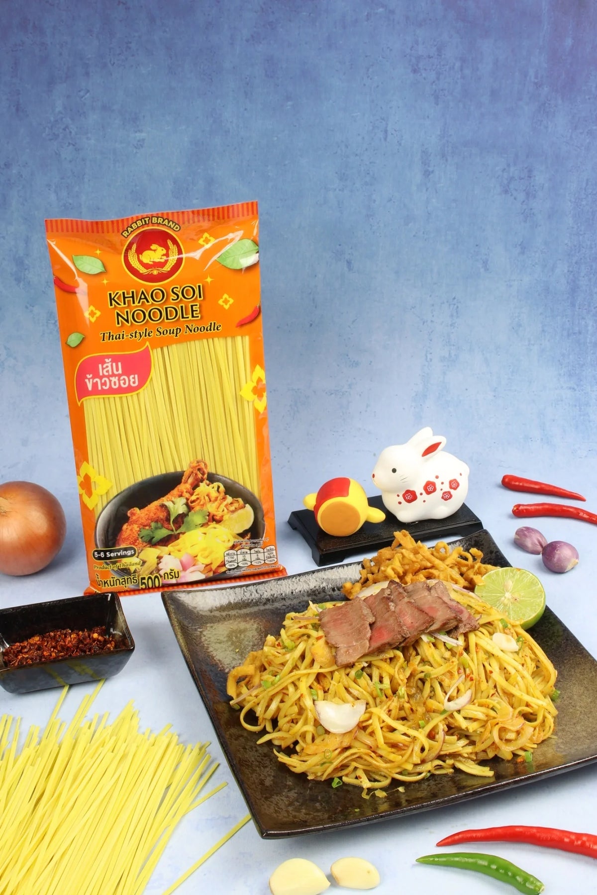 Dry grocery package of Rabbit Brand Khao Soi Noodles with clear branding and colorful packaging.