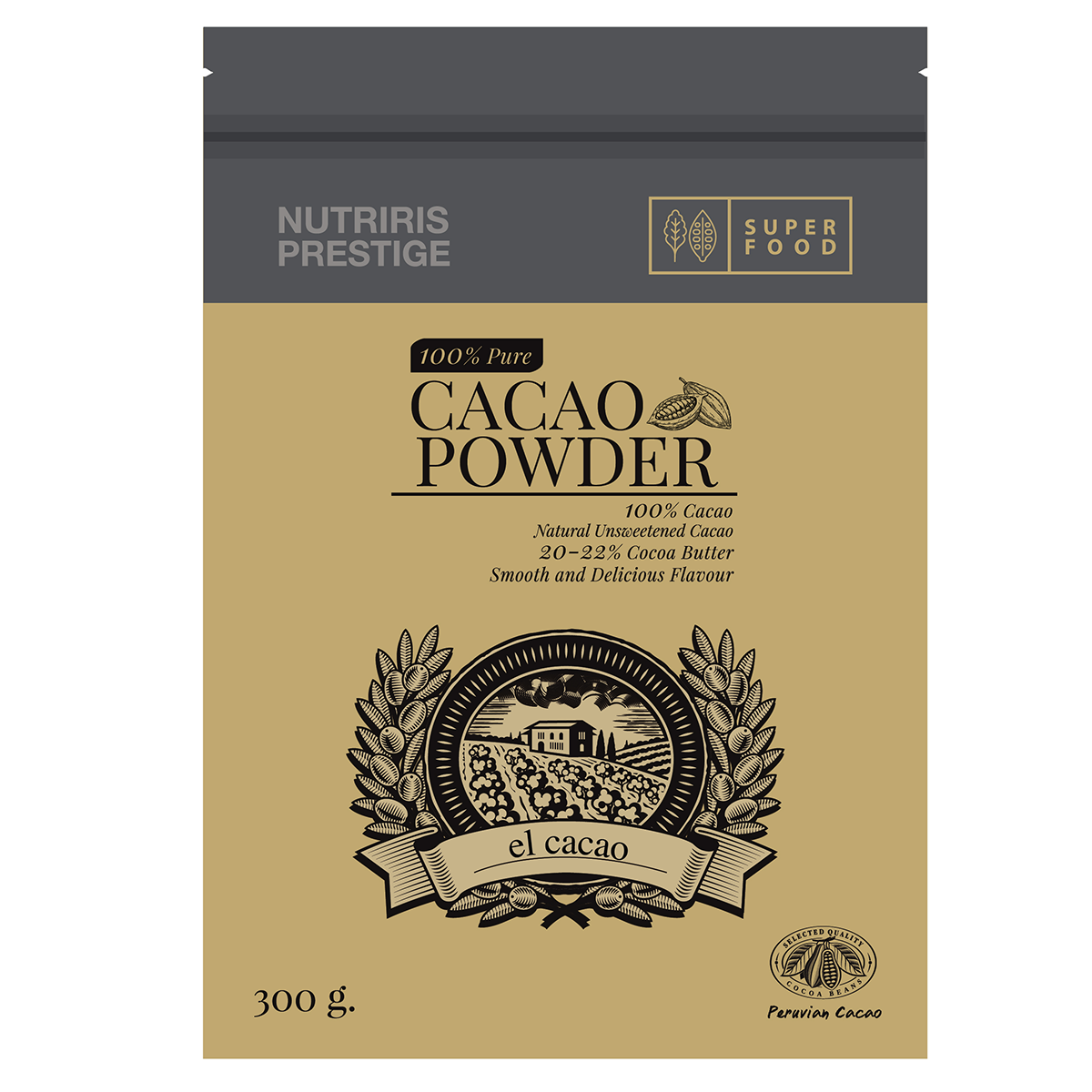 El Cacao Cacao Powder drink in a glass, showcasing rich chocolate-colored beverage with a smooth texture and a spoonful of cacao powder on top.