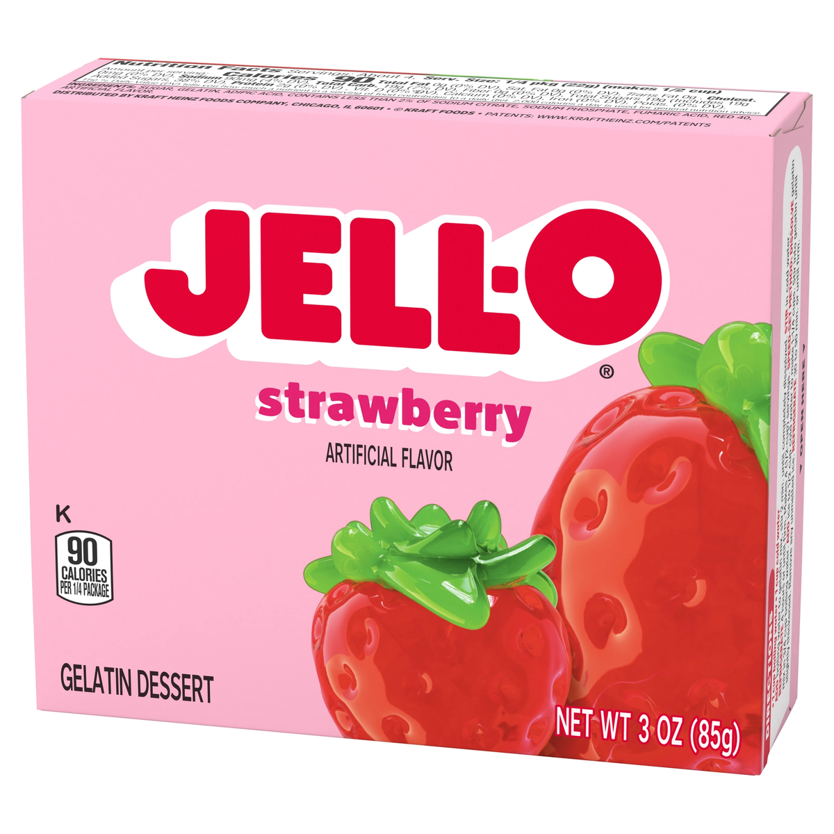 Strawberry flavored Jell-O gelatin dessert mix in a box, ready to prepare for a sweet, fruity treat.