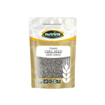 Dry grocery image of Nutriris Organic Chia Seeds in a clear bag, highlighting the small black and white chia seeds.