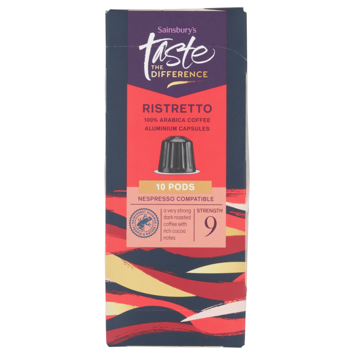 Sainsbury's Ristretto Coffee Pods for espresso machines, packaged in a box with dark roasted coffee pods.