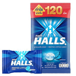 Halls Mentro dry grocery snack in colorful packaging, featuring menthol candies from the HALLS brand.