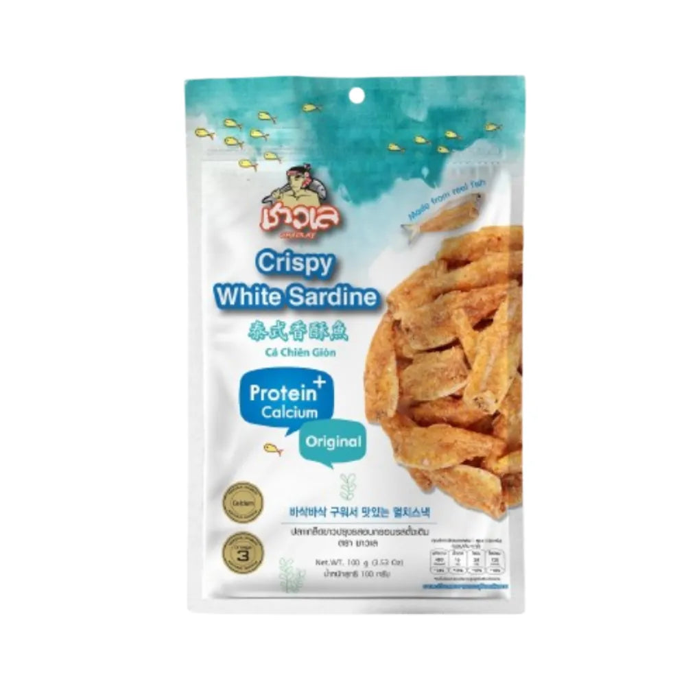 Chaolay Crispy White Sardine snack pack, 6 x 100g, featuring light, crunchy white sardine confectionery in a colorful package.