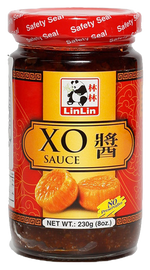 A jar of Lin Xo Sauce from Lin grocery brand, showing the sauce label and jar with a clear view of the product inside.