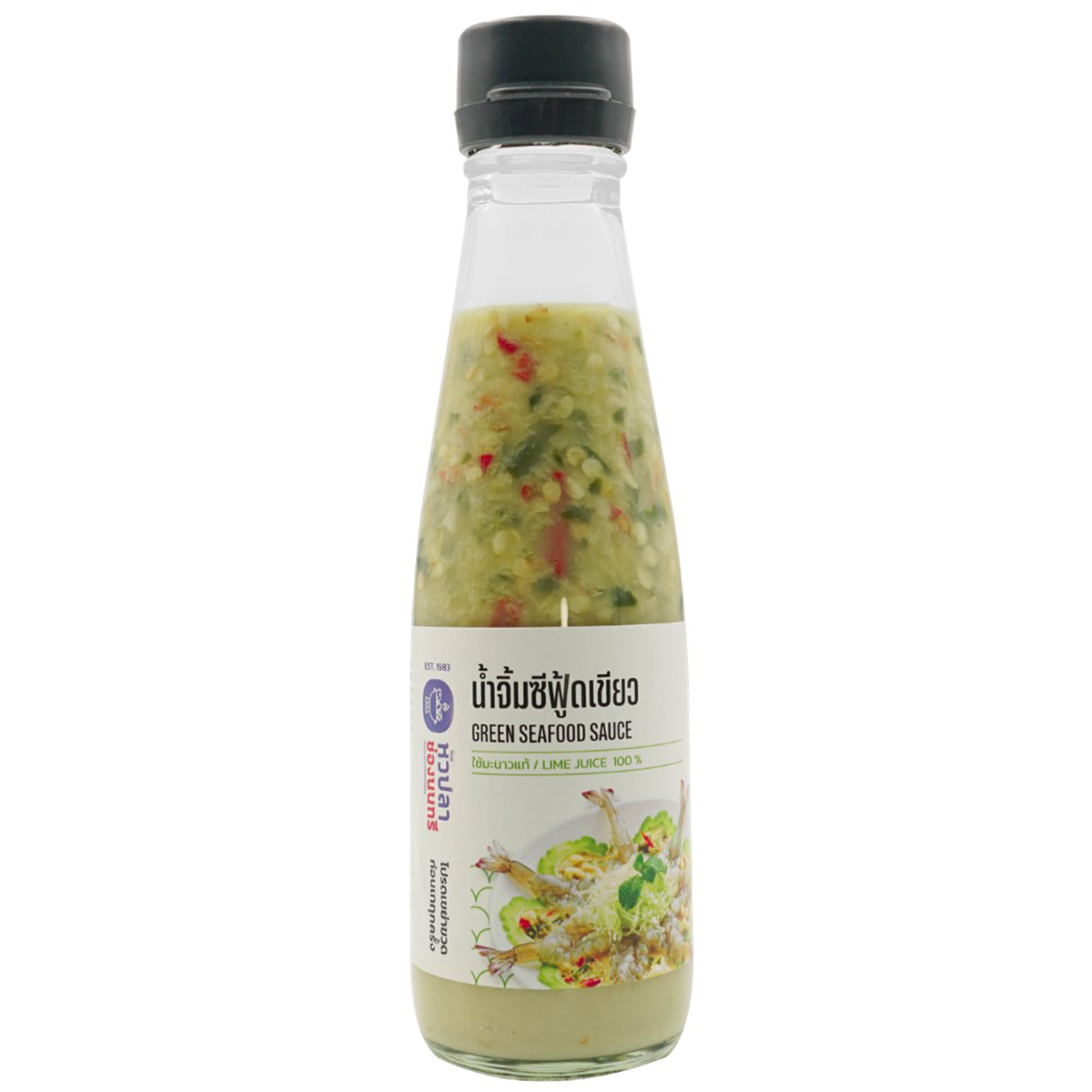 Tid Too Green Seafood Sauce in a bottle, showcasing vibrant green sauce for seafood dishes, on a grocery store shelf.