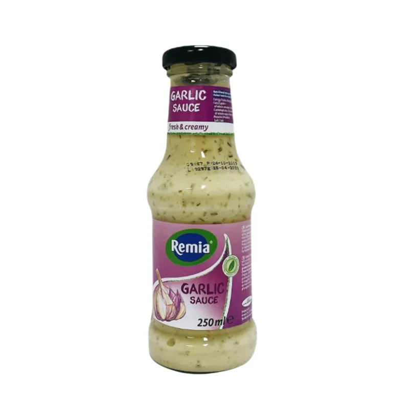 Remia Garlic Sauce 250ml bottle, savory dry grocery condiment, with a label featuring garlic and brand logo on the packaging.