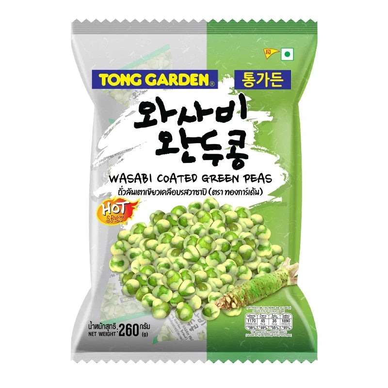 Tonggarden Green Peas Wasabi snack in 260g package, showcasing vibrant green peas coated with wasabi flavor, dry grocery snack.