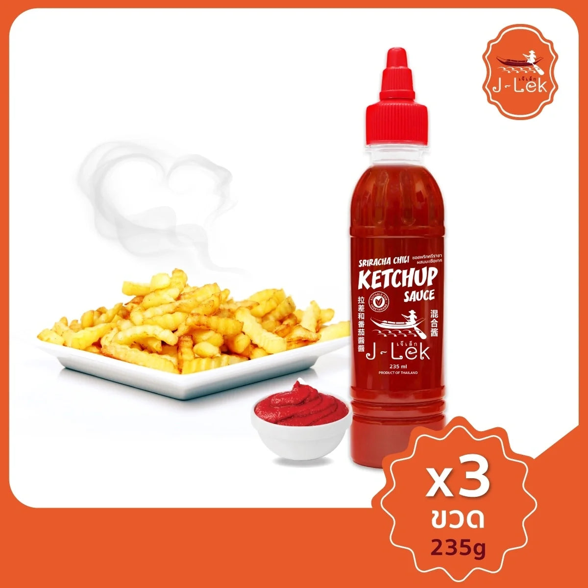 J-LEK Sriracha Chili Sauce with tomatoes in 235g bottle, spicy dry grocery condiment with vibrant red sauce and label.