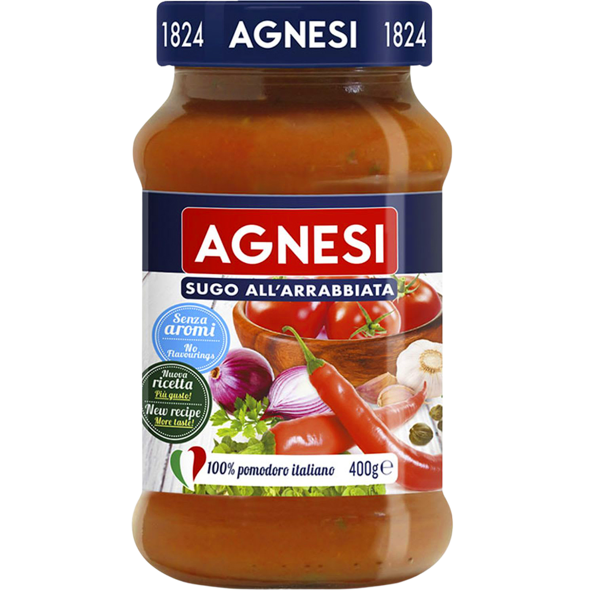 Jar of Agnesi Arrabbiata Pasta Sauce with a label featuring red chili peppers and tomato imagery, on a white background.