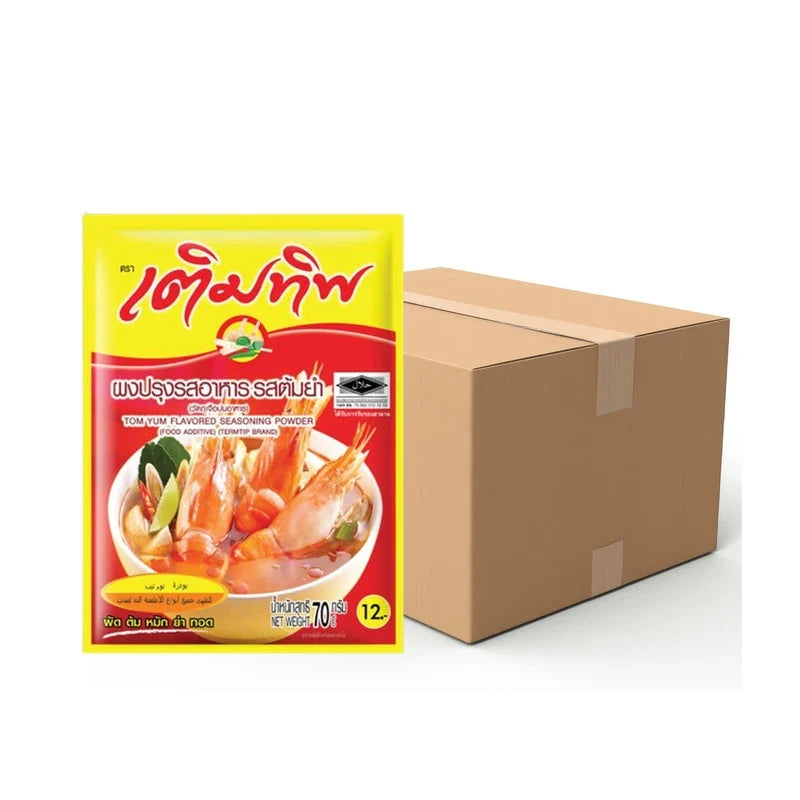 Termtip Tom Yum flavored seasoning powder in 70g packages, dry grocery product with vibrant packaging and Thai-inspired spice blend.