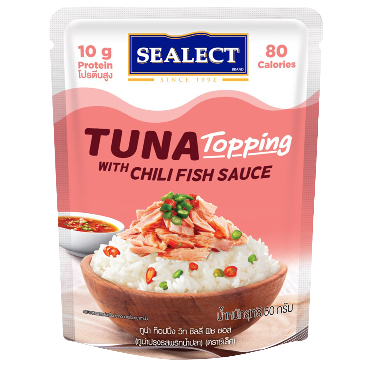 Sealect Tuna Topping with Chili Fish Sauce in a jar, showcasing vibrant chili and fish sauce ingredients for flavorful seafood topping.