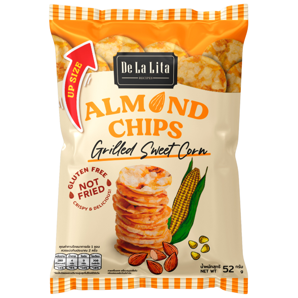 De La Lita almond and rice chips with grilled sweet corn flavor, a tasty confectionery snack in a colorful bag.