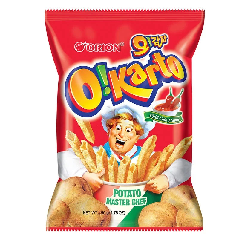 Orion Okarto Chili snack in 50g package, dry grocery spicy snack with chili flavor, displayed in a clear view.