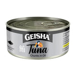 Cans of Geisha Tuna Chunks in Oil, 170g, in a grocery store display, showing the product label and can design.