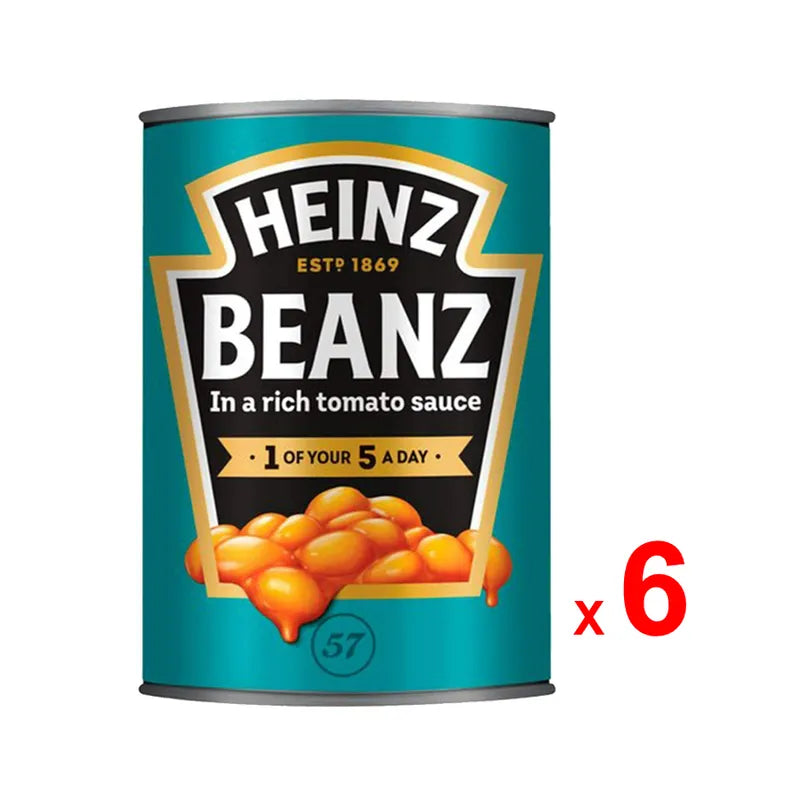 Six 415g cans of Heinz Baked Beans in Tomato Sauce, gluten-free dry grocery product with labeled cans stacked together.