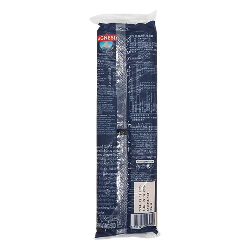 Dry Agnesi Linguine No.10 pasta in a 500g package, showcasing long, thin Italian spaghetti in a clear bag.