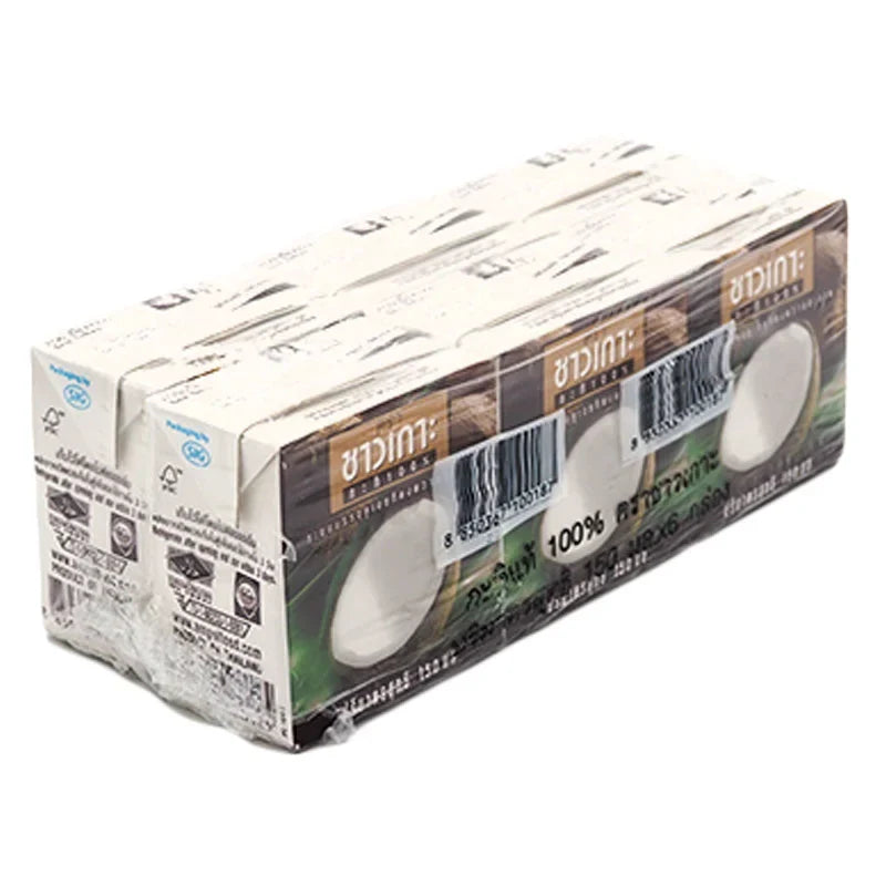 Chaokoh coconut milk 150ml carton, three packs shown, in dry grocery product display.