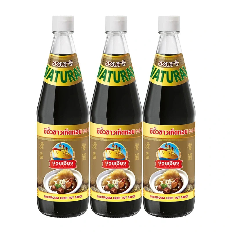 NGUAN CHIANG Mushroom Sauce 700g, three bottles, dry grocery product, close-up of the sauce bottle with label details