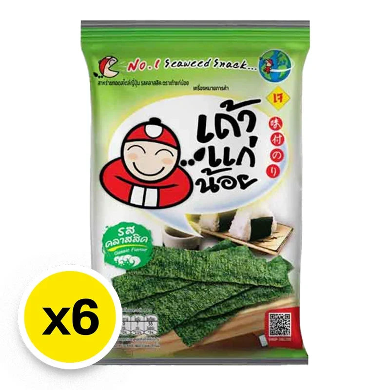 Taokaenoi Fried Seaweed Classic snack pack, 10g x6, crispy dried seaweed for snacking, in colorful packaging.