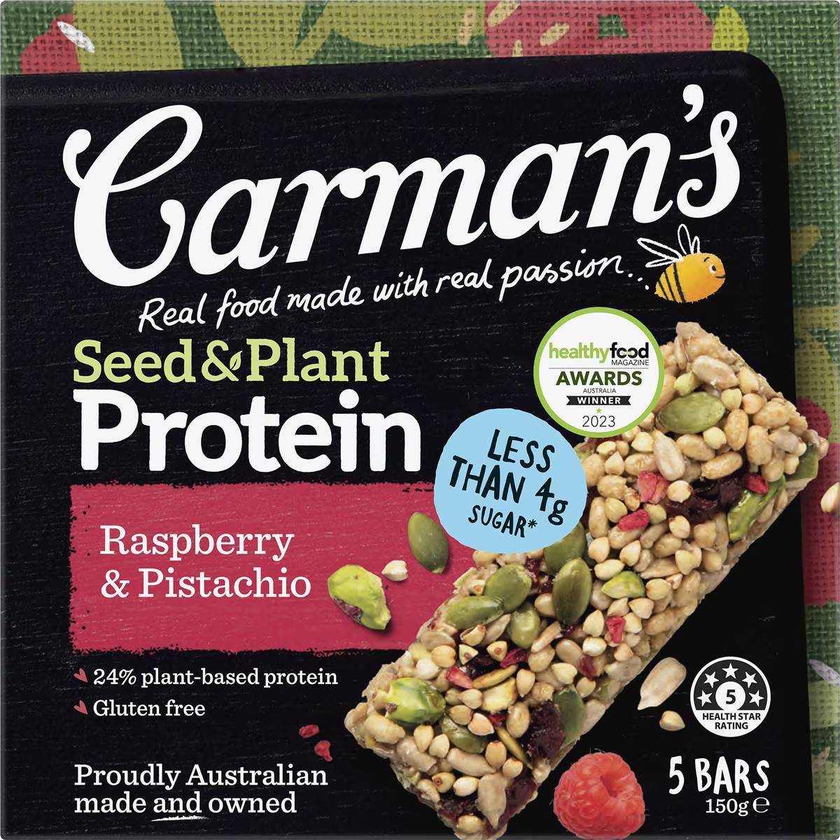 Carman's Seed Plant Raspberry Pistachio grocery product package with colorful label and resealable bag.