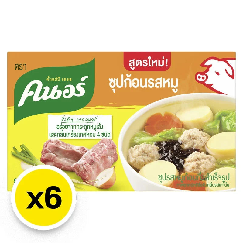 Knorr Pork Stock Cube 80g pack, showcasing six dry grocery cubes with savory pork flavor in clear packaging.