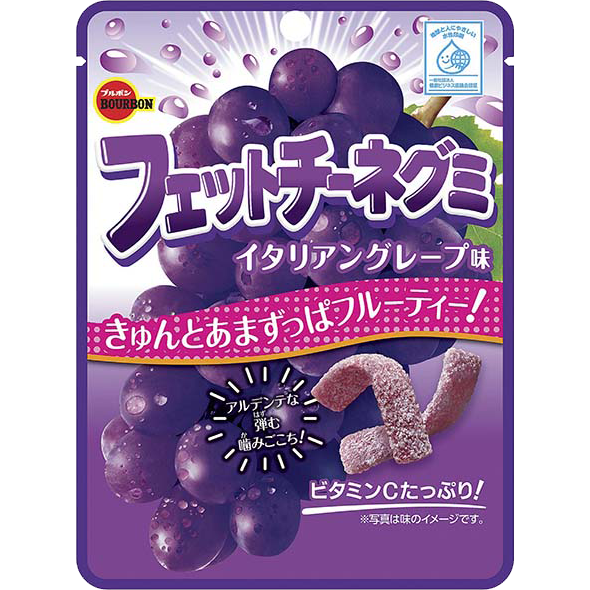 Bourbon Fettuccine Gummi Italian Grape Aji confectionery snack, colorful gummy pasta-shaped candies with grape flavor.