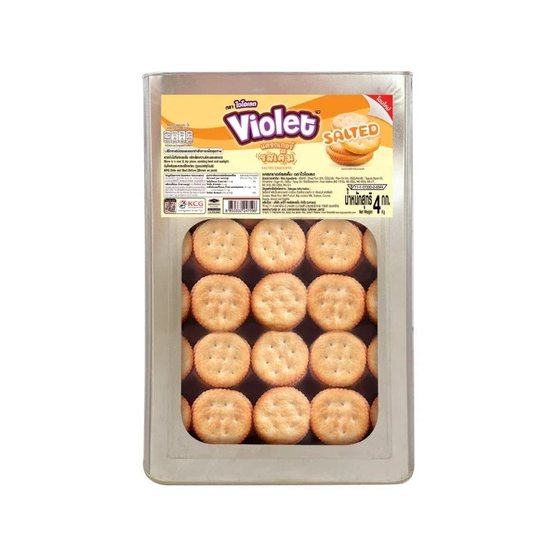Violet Salted Cracker 4kg in a clear plastic bag, showing golden-brown salted crackers ready for snacking or baking.