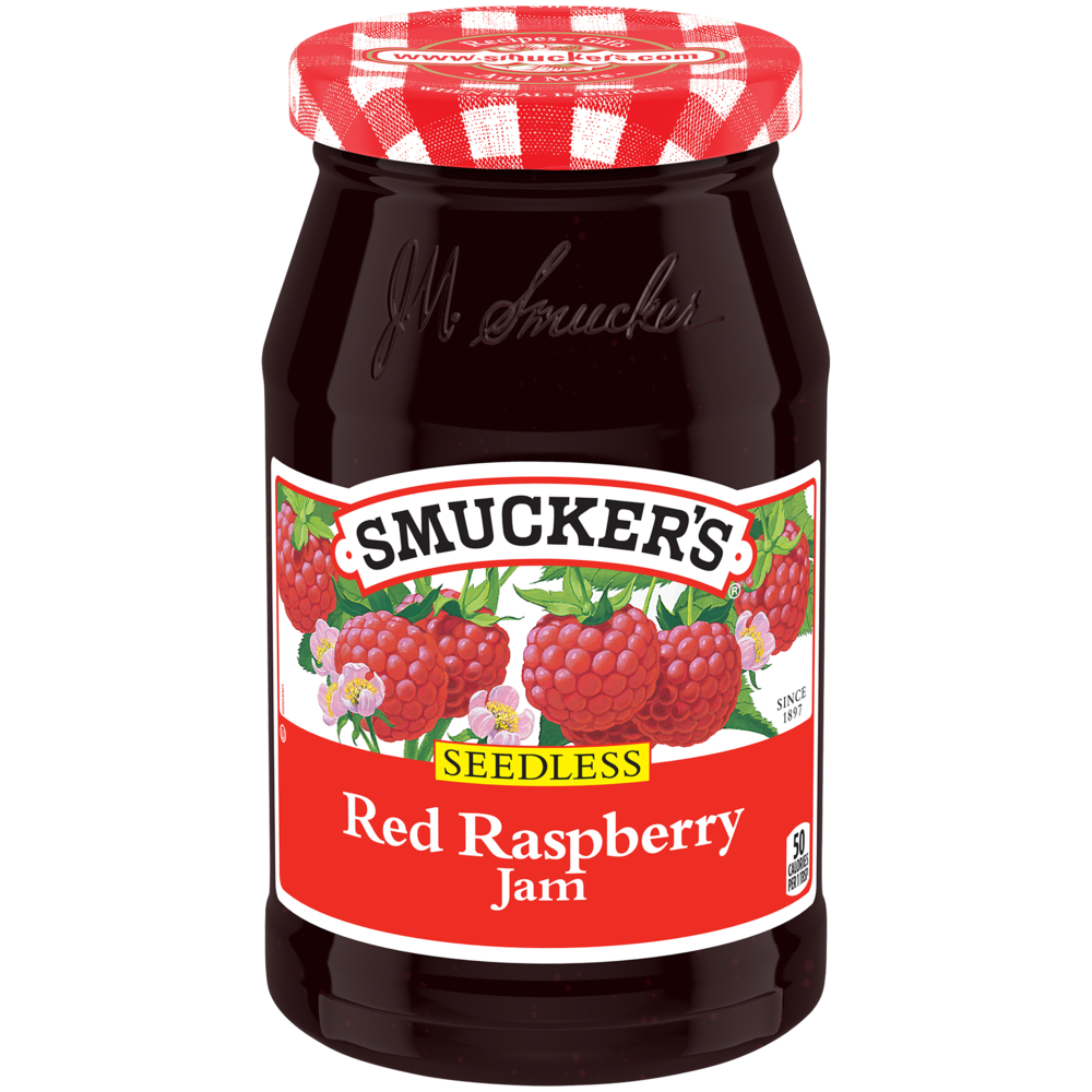 Jar of Smucker's seedless red raspberry jam with fresh berries and spreadable texture, typical of grocery product images.
