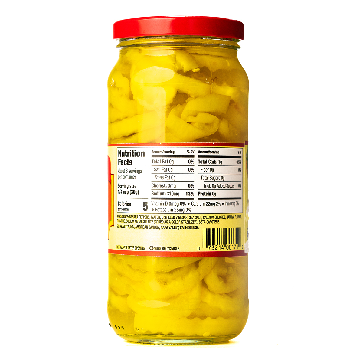 Mezzetta Hot Pepper Rings in a jar, bright red sliced hot peppers suitable for adding spice to various dishes.