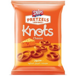 Snips Pretzels Knots Cheese, confectionery snack with twisted pretzels topped with cheese, displayed on a white background.