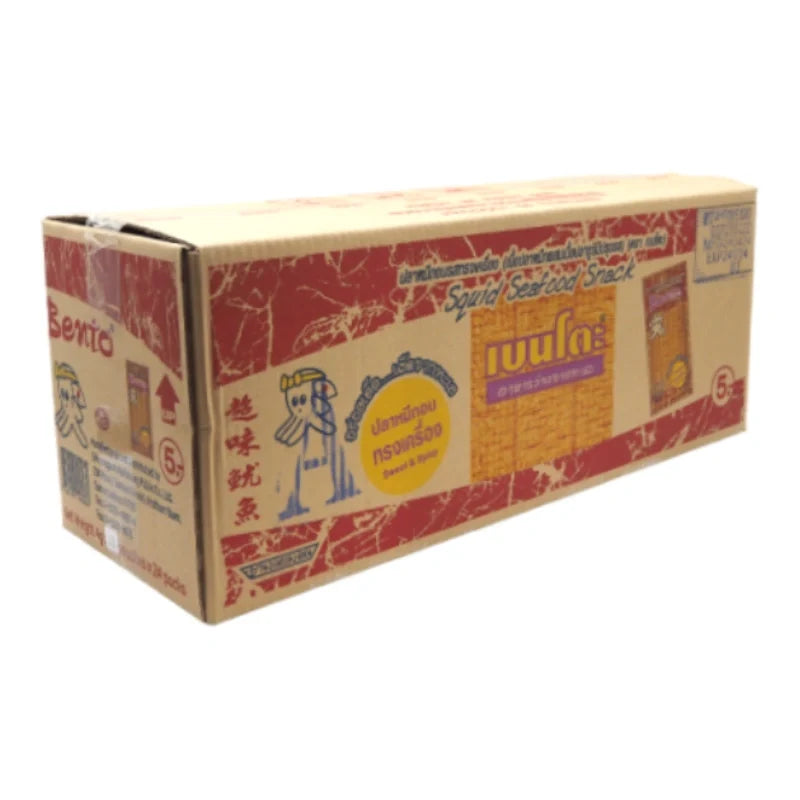 BENTO Bento Squid Seafood Snack Sweet & Spicy, 4g packs, dry grocery snack, crunchy and flavorful seafood confectionery.