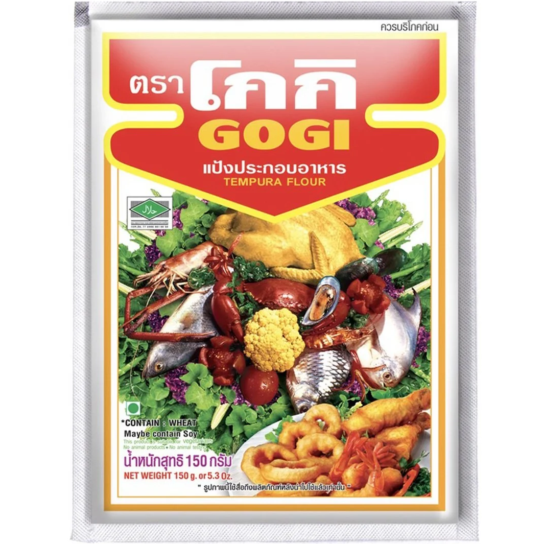 Gogi Tempura Flour package, white bag with Gogi branding, used for making crispy tempura batter in Japanese cooking.