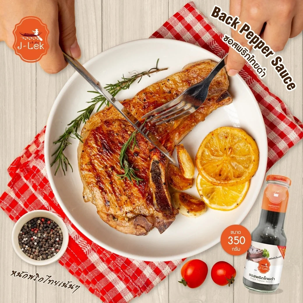Glass bottle of J-LEK Black Pepper Sauce, 350g, showcasing the dark sauce inside a clear J-lek brand bottle.