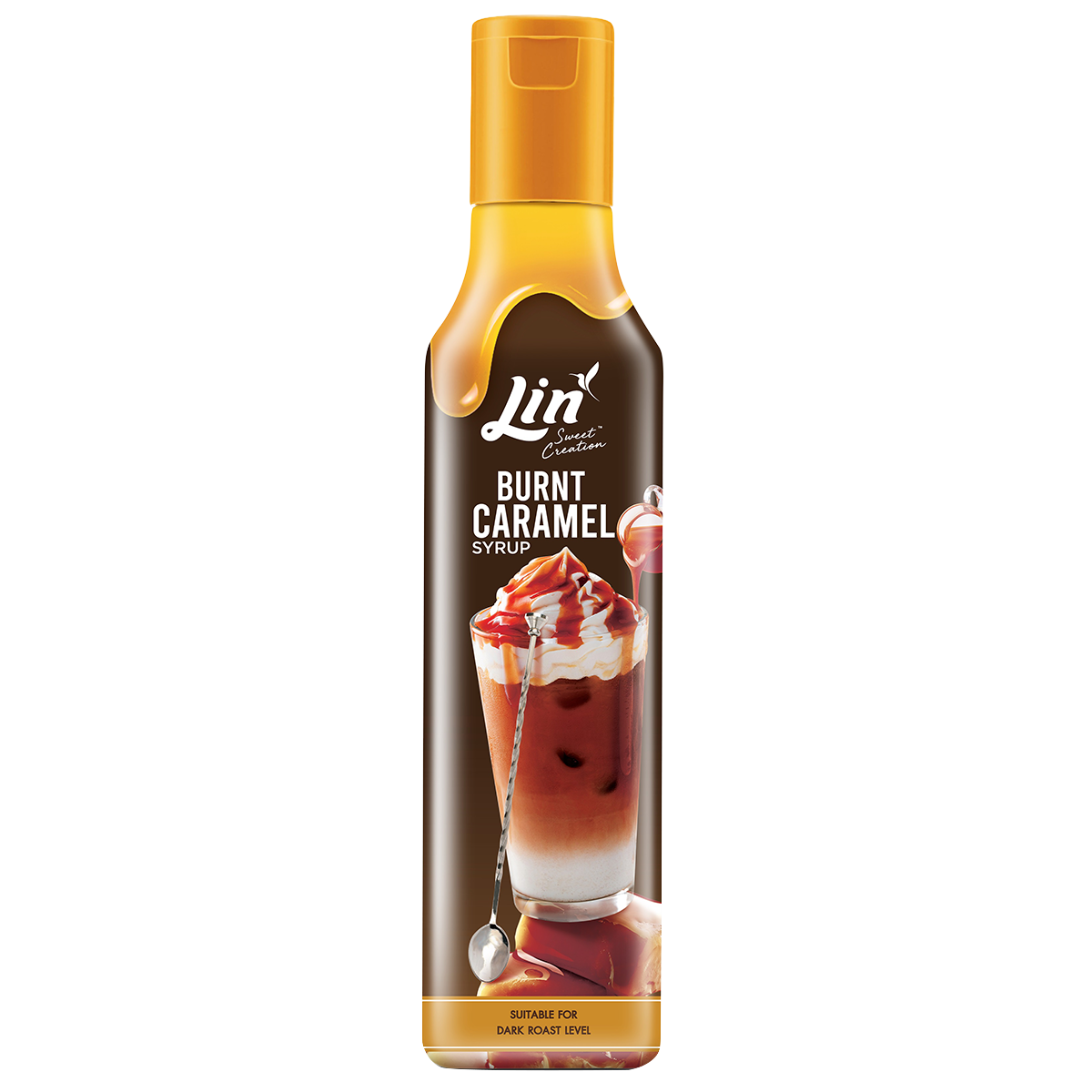 Lin Burnt Caramel Syrup bottle, grocery product from Lin, with caramel-colored syrup visible in a clear bottle.