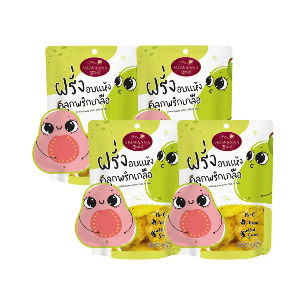 SRIWANNA Sriwanna Gold dried guava with chili and salt, 40g pack, displayed in a clear package with dried guava slices visible.