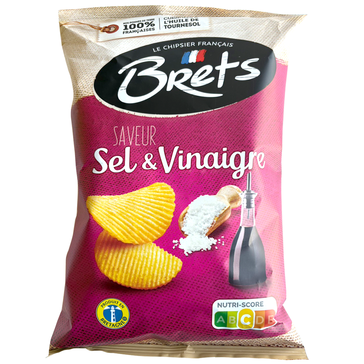 Brets Salt & Vinegar potato chips, crunchy and flavorful confectionery snack in a bag with salted vinegar seasoning.