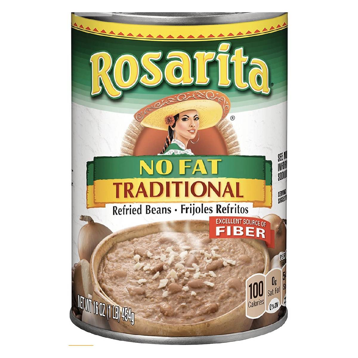 Canned Rosarita No Fat Refried Beans in a silver can with a label showing refried beans and brand logo.