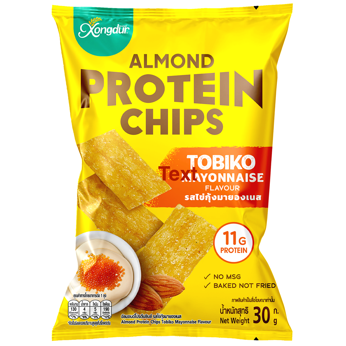 Xongdur Almond Protein Chips with Tobiko Mayonnaise flavor, crispy confectionery snack in bright packaging