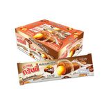 GRINNY chocolate-coated snack filled with orange cream, 15g, dry grocery confectionery, close-up of the snack with orange filling visible.