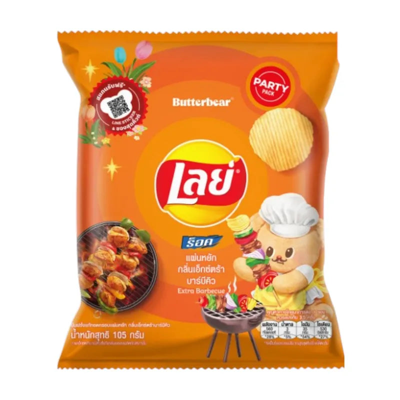 Lays Rock Extra BBQ snacks, 105g x14, crispy barbecue-flavored potato chips in a colorful bag.