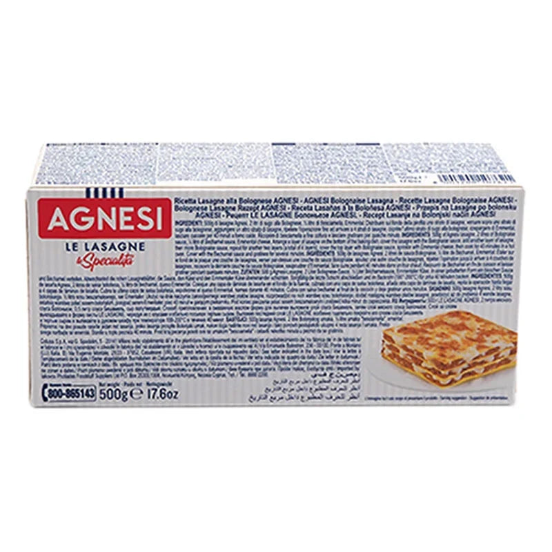 Dry Agnesi Lasagne No.87 pasta in 500g package, showcasing uncooked lasagne sheets from the AGNESI brand.