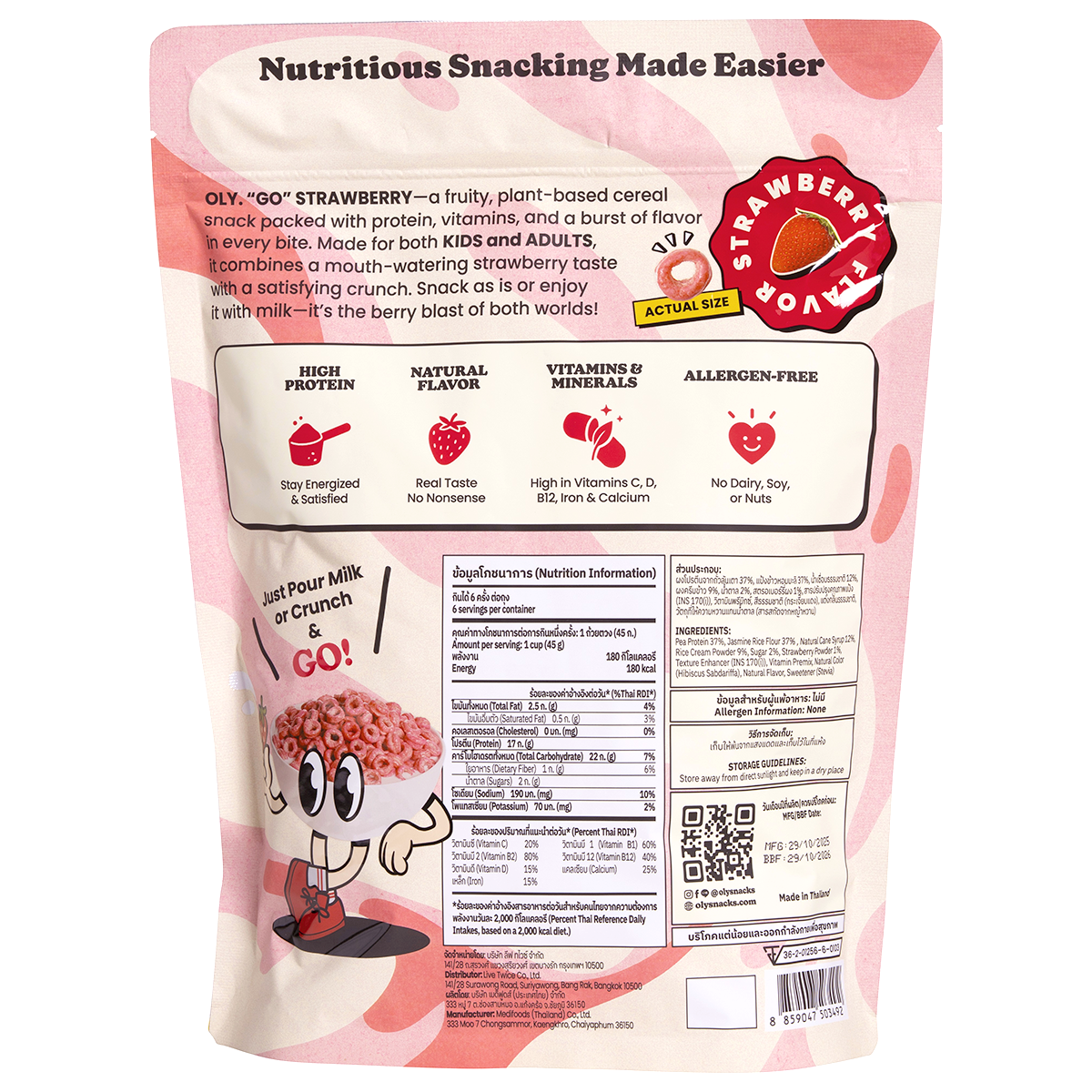 Oly High Protein Cereal Strawberry in a bowl, showing crunchy cereal pieces with strawberry flavor and nutritional info on the package
