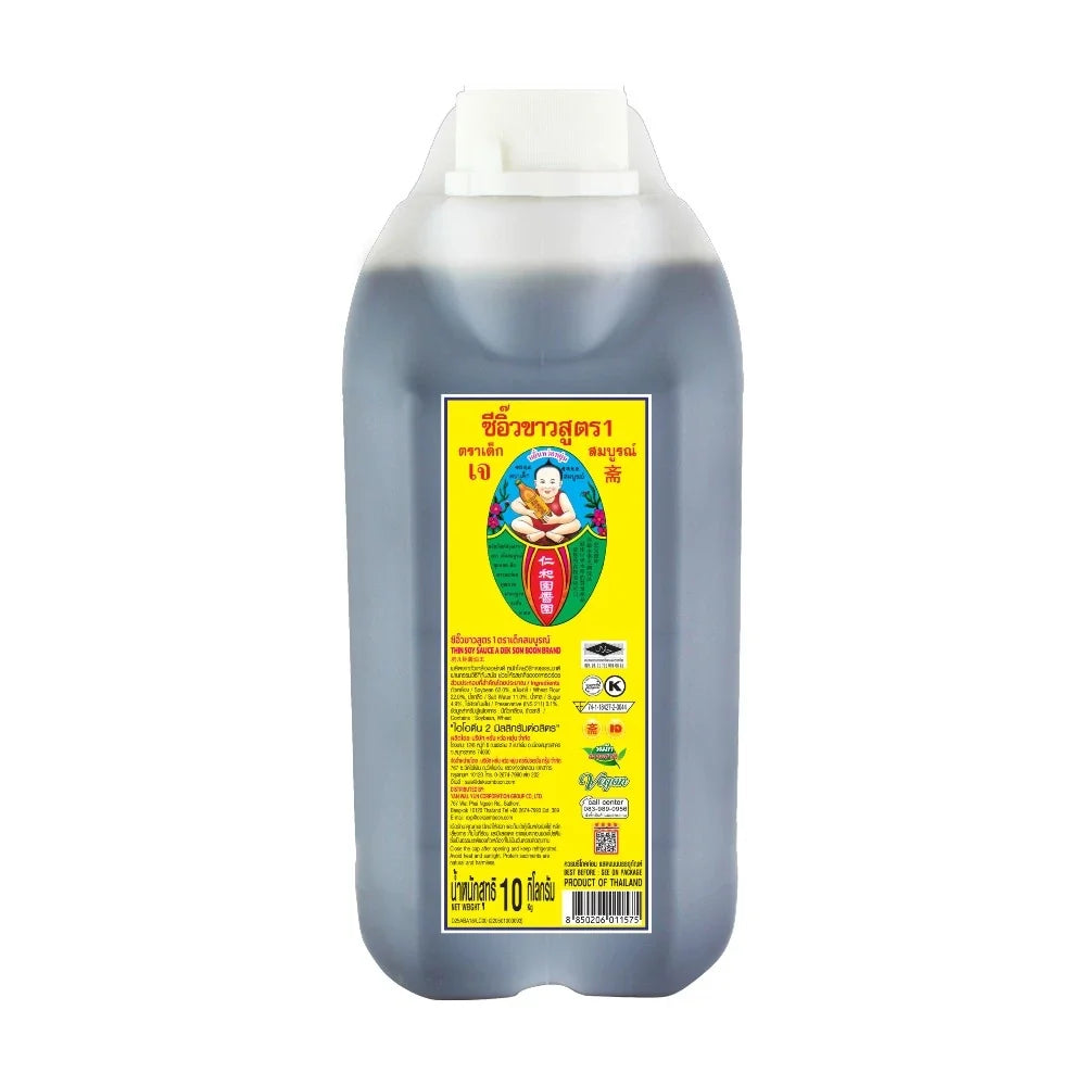 Deksomboon Thin Soy Sauce 10kg bottle, traditional Thai dry grocery condiment with clear bottle showing dark soy sauce inside