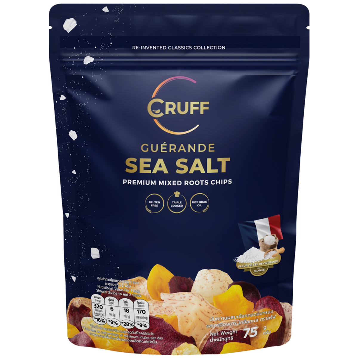 Cruff Snacks Guerande Sea Salt confectionery snacks in a colorful packaging, showcasing crispy, savory treats with sea salt flavor.